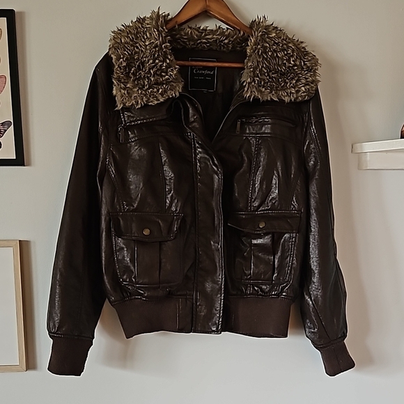 Women's Brown Jacket with Faux Fur Collar - Picture 1 of 4